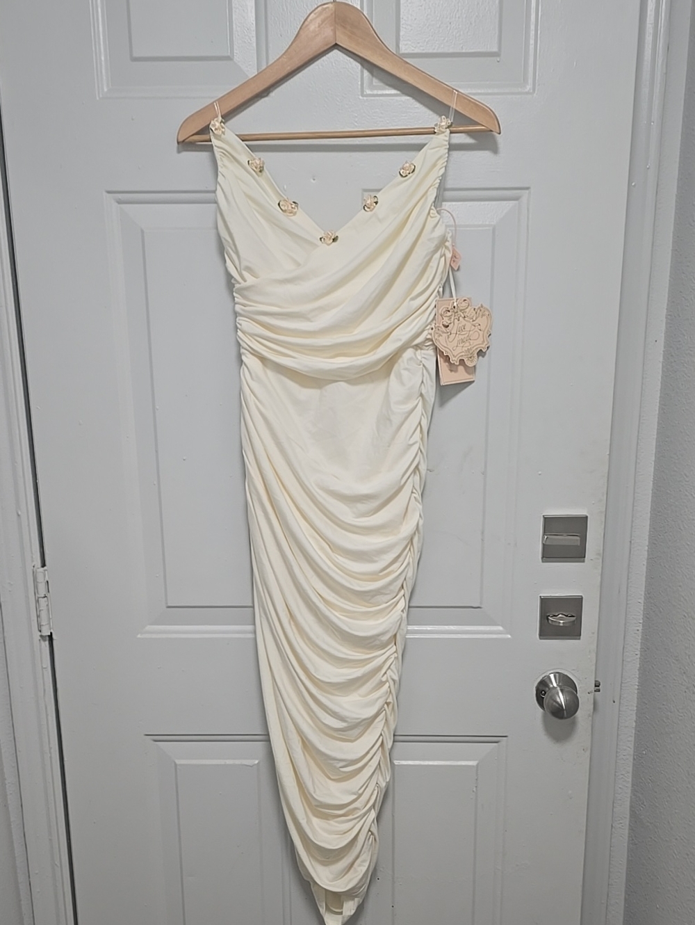 Elegant Ivory Ruched Satin Slip Dress